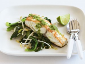 Blue-eye with green chili nam Jim and Choy sum