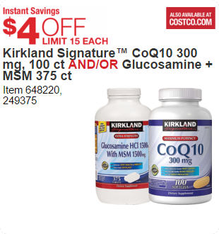 Kirkland Signature™ CoQ10 300 mg, 100 ct AND/OR Glucosamine + MSM 375 ct
